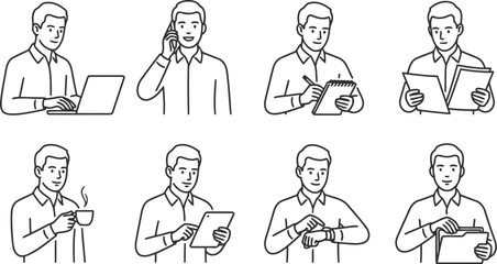 Line art illustrations of men performing various office tasks on a white background © Rafat