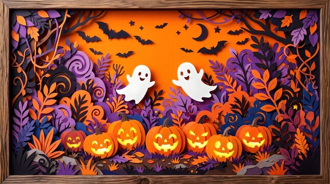 Halloween paper craft halloween shadow box featuring cute ghosts, glowing jackolanterns, and purple and orange autumn foliage