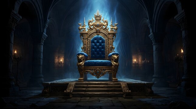 An ornate golden throne with blue velvet cushions sitting in a dark mysterious castle hall at night