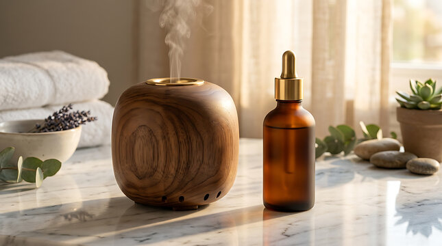 Wooden essential oil diffuser with amber glass dropper on marble table