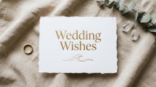 Wedding wishes card featuring elegant gold foil typography placed upon soft beige linen fabric background texture