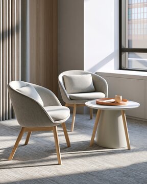 Two Modern Chairs with Small Round Table in Bright Office Meeting Area