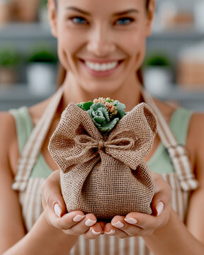 A woman holding a small potted plant wrapped in burlap, smiling warmly. The plant has green succulent leaves and is tied with a burlap bow