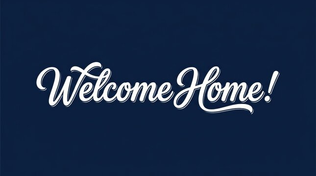 Welcome home text with elegant white cursive script lettering displayed against a dark navy blue background