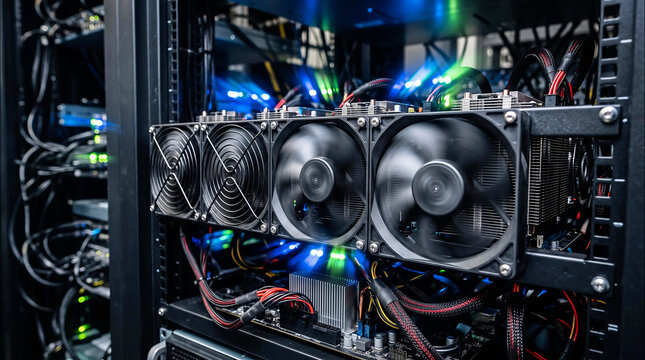 High performance GPU server rack. Professional crypto mining hardware with cooling fans.
