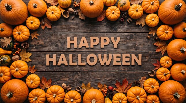 Halloween happy halloween greeting card with pumpkins and autumn leaves on a rustic wooden background