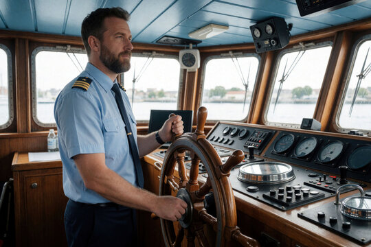 Captain steers ship from bridge helm. Officer in uniform operates boat navigation controls on vessel. Nautical captain oversees water vessel control.