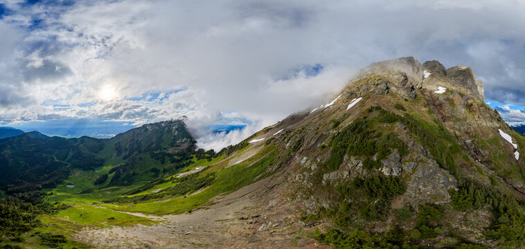 Sunlit Mountain Ridge and Alpine Meadow Panorama Near Chilliwack, British Columbia, Canada