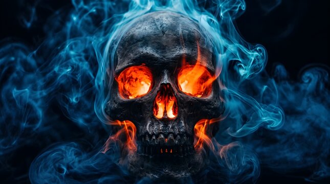 Halloween a detailed human skull engulfed in swirling blue smoke with glowing orange fire inside the eye sockets and nasal cavity, dark atmospheric background