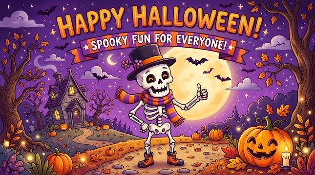 Halloween happy halloween cartoon illustration with a skeleton in a top hat and pumpkins