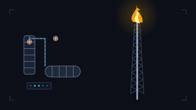 Vector animation showing a gas flare burning on an industrial tower with refinery infrastructure icons on digital background