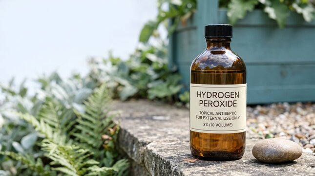 Hydrogen peroxide bottle on rustic stone surface with greenery  