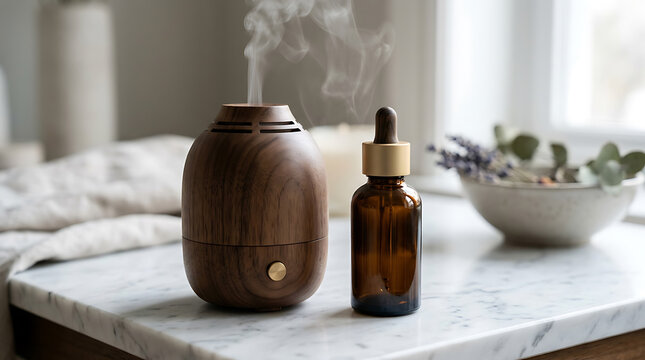 Wood Essential Oil Diffuser and Dropper Bottle on Marble Countertop