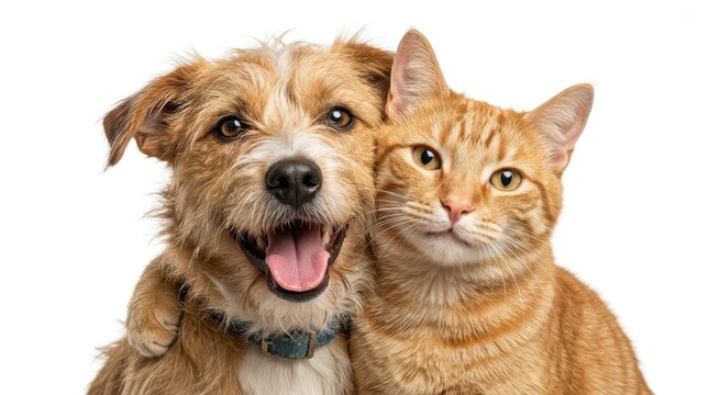 A happy scruffy dog and an orange tabby cat posing together isolated on white background