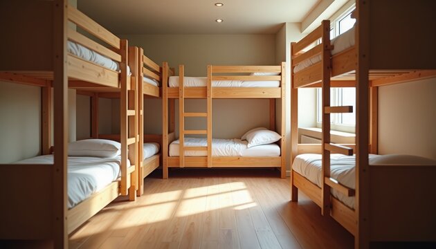 Cozy bunk beds in shared hostel room with natural light from windows. Hostel features wooden bunk beds arranged neatly with soft bedding on each level.
