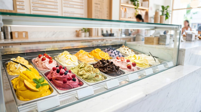Gelato flavors display case with colorful ice cream in a modern shop