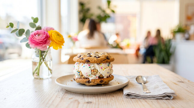 Ice cream sandwich dessert on a wooden table with flowers in cafe