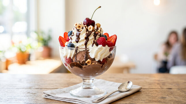 Chocolate ice cream sundae with whipped cream and cherry on top