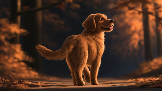 Golden retriever stands on forest path