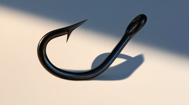 Black fishing hook rests on plain surface
