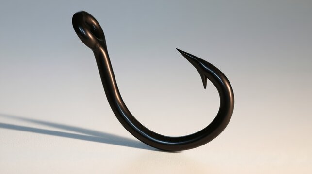 Black fishing hook stands alone on smooth surface