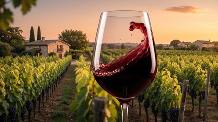 Obraz premium Close-up of red wine splashing in glass before sunlit vineyard estate at sunset. Grape vines and rustic house backdrop with warm light and soft focus.
