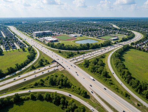 Aerial view of a busy highway interchange with cars and trucks driving on multiple lanes. Suburban houses, school, and sports fields surround the complex road network under a cloudy blue sky.