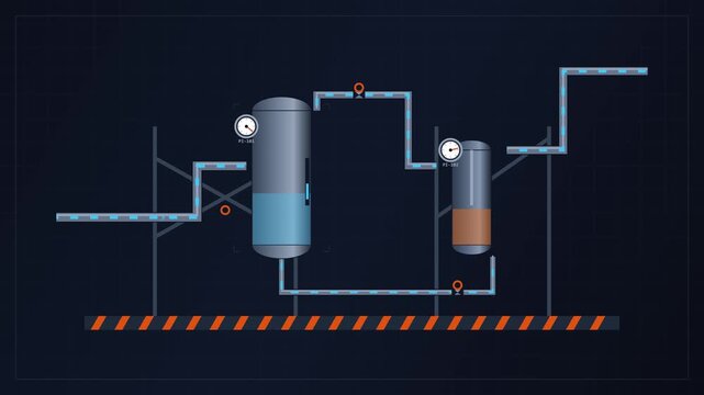Industrial vector animation of chemical refinery tanks and pipes with flowing liquid and pressure gauges on digital dashboard.
