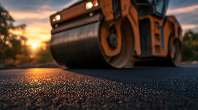 Sunset glows behind heavy construction vehicle