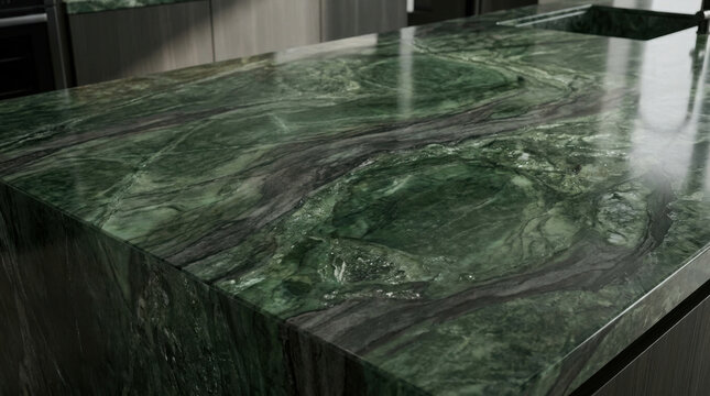 Luxurious green marble kitchen island countertop with natural stone veining pattern.