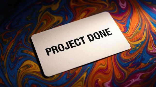 Project done sign resting upon a vibrant swirling liquid surface with rich colorful oil paint textures