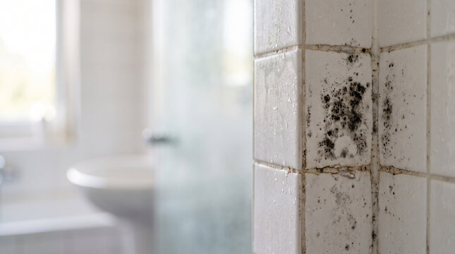 Moldy bathroom tiles with mildew in residential shower area  