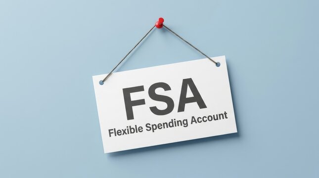 Flexible spending account sign hanging on a light blue wall with a red push pin detail