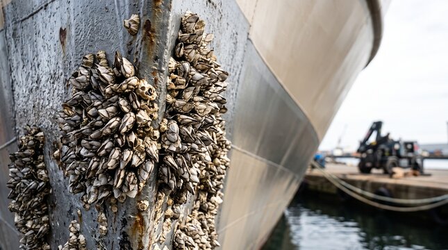 Barnacles growing on boat hull in marina on sunny day  