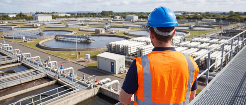 Engineer standing on a platform overlooking a large industrial water treatment plant with circular sedimentation tanks