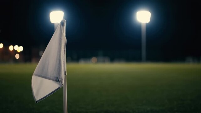 Night corner flag on illuminated soccer pitch, white fabric gently moving beside pole under bright floodlights, with woven texture, stitched hem, dark stadium glow, calm pregame atmosphere