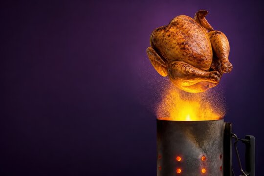 Fire roasted chicken rising above dramatic flames and smoke