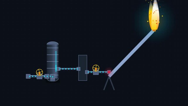 Industrial infographic animation of an oil and gas refinery process with a burning flare stack