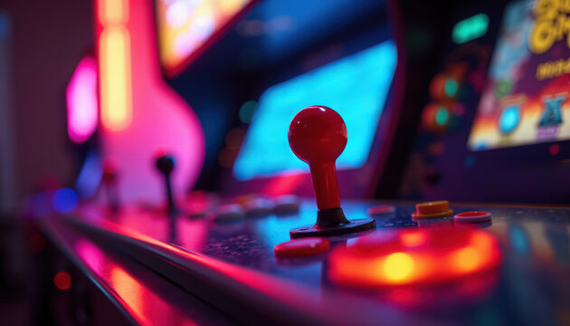 Colorful arcade machine with joystick and buttons illuminated in neon lights. Arcade gaming setup features classic controls and vibrant displays, creating an exciting atmosphere.