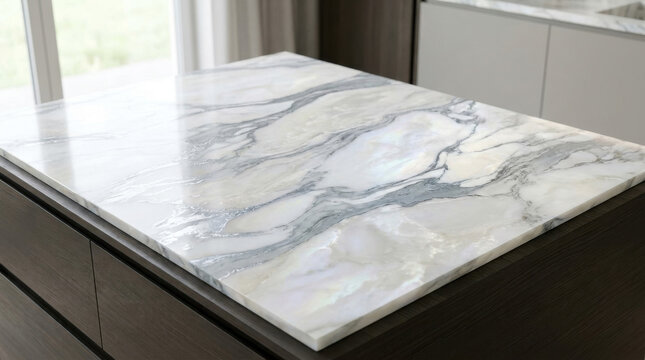 Modern kitchen island with luxurious white marble countertop and dark wooden cabinets.