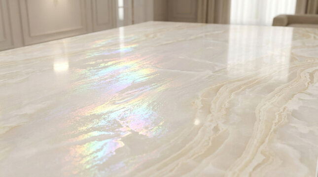 Close up of a polished white marble table surface with iridescent light reflections.