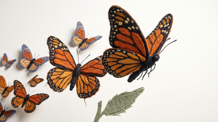 Naklejka premium Butterflies flying in formation on a white background with leaf 