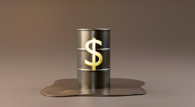 Energy market concept showing an oil barrel on a spill with a gold dollar symbol, representing commodity value and price movement. Designed for oil, gold, energy, finance and investment businesses.