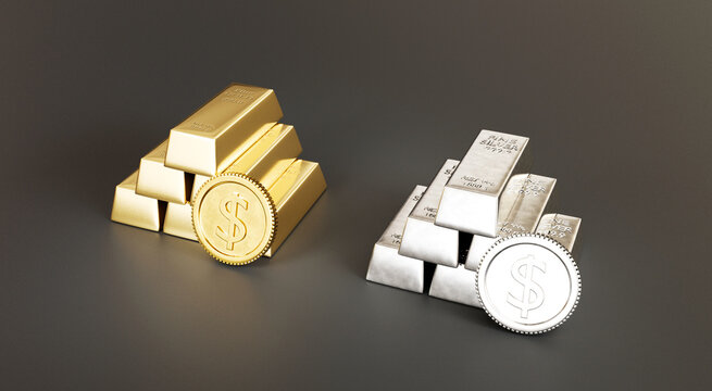 Investment concept comparing gold and silver bars with matching coins, highlighting portfolio diversification and asset value. Designed for gold, silver, finance, banking and bullion businesses.