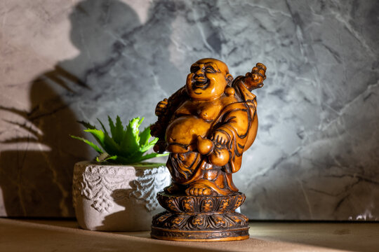 Laughing Buddha figurine statue with a small succulent plant on a textured background