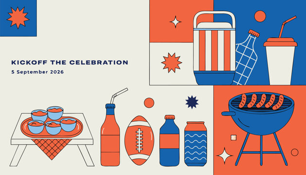 Tailgate party celebration illustration with grill, football and drinks