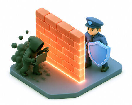 Cybersecurity concept showing digital hacker attacking computer network protected by firewall wall and police officer with shield guarding infrastructure, 3D isometric style digital safety