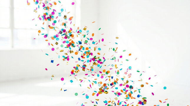 Confetti falling down in bright colors against a white background