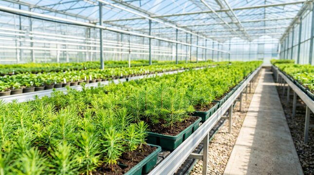 Conifer nursery seedlings rows in greenhouse with bright sunlight