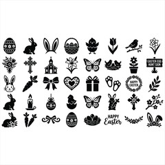 Obraz premium Black and White Floral Nature Icon Set with Flower Leaf Butterfly Dog Silhouettes Seamless Ornament Pattern Vector Illustration Collection for Decorative Design Elements